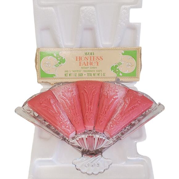 Vintage Avon Hostess Fancy Fan Soap Dish 5 Hostess Fragranced Soaps Glass Dish - Picture 1 of 11